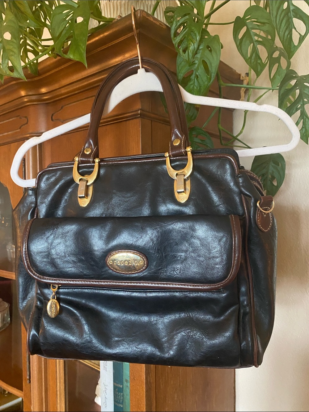 Capezio Black Doctor Satchel Bag Brown Trim Top Handle Crossbody Purse